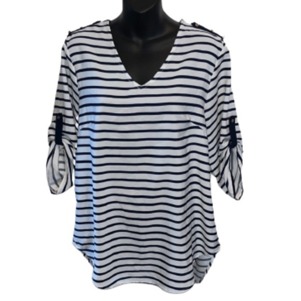 VLD navy and white striped v-neckline 3/4 length sleeve top size M